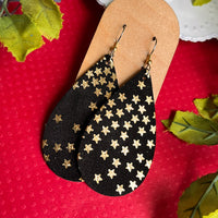 Black and Gold Star Leather Teardrop Earrings
