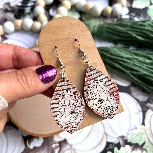 Dry Brushed Engraved Wood Pumpkin Petal Earrings