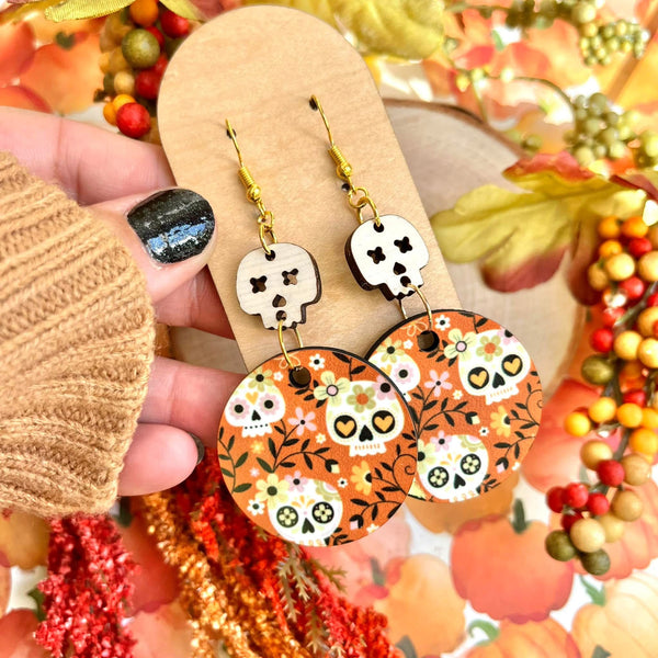 Calaveras Sub Wood Dangles with Ivory Skull Connector Earrings
