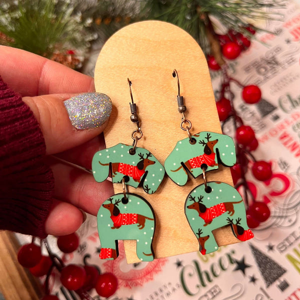 Mint Holiday Dachshund Sub Wood Dangle Earrings