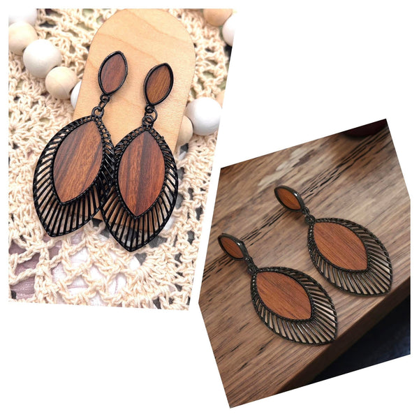 Studded Faux Wood and Black Petal Earrings