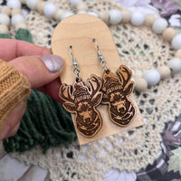 Cherry Wood Engraved Winter Deer Dangle Earrings