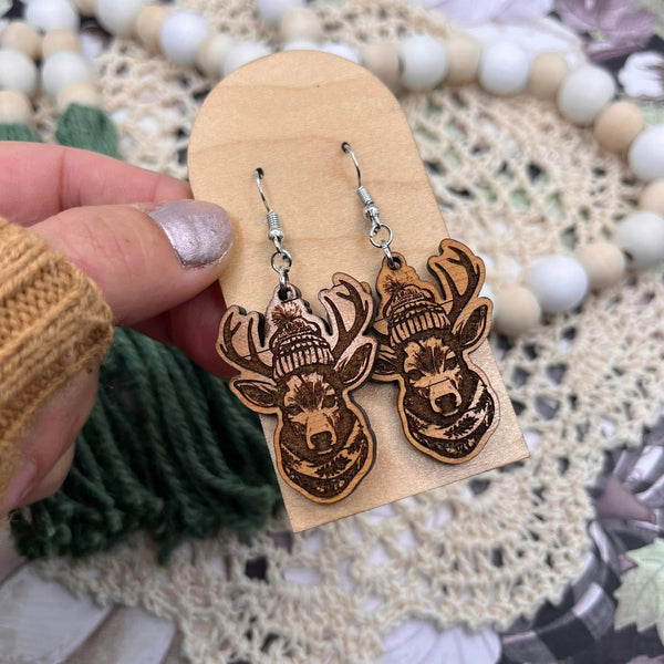 Cherry Wood Engraved Winter Deer Dangle Earrings