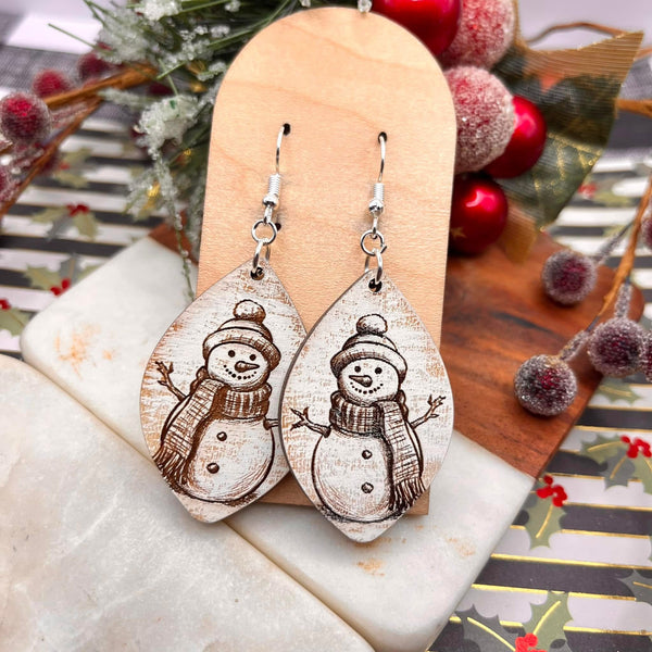 Lightweight Snowman Dry Brushed Wood Petal Earrings