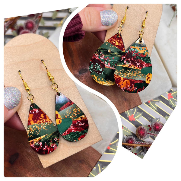 Gold/ Merlot/ and Evergreen Sub Wood Teardrop Earrings