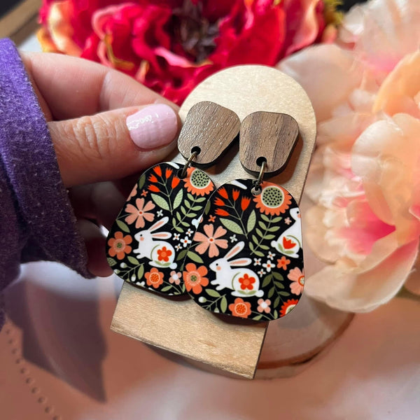Bunny Floral Wood and Walnut Dangle Studded Earrings