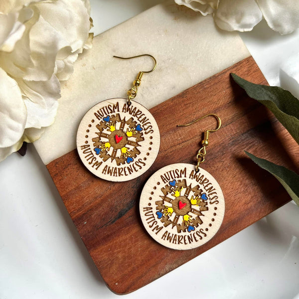 Autism Awareness Ivory Wood Hand Painted Dangle Earrings