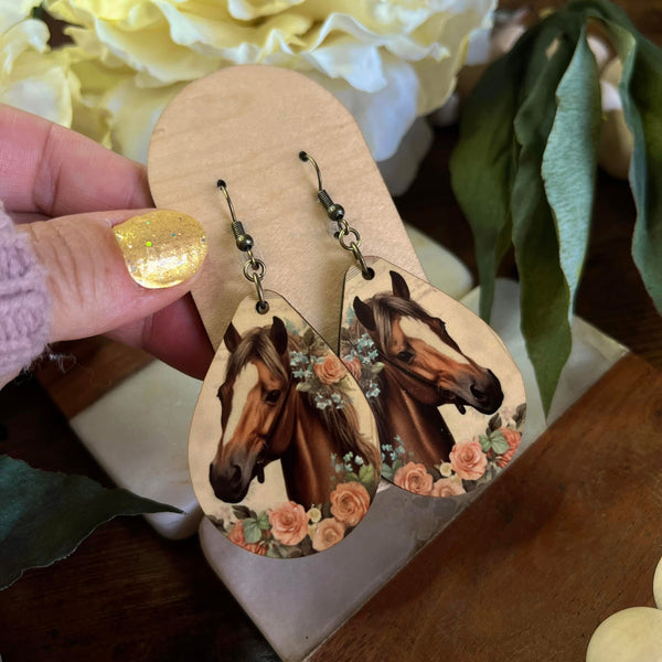 Floral Horse Sub Wood Teardrop Earrings