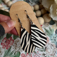 Whitewashed (Ivory) Engraved Wood with Hand Painted Zebra Striping Earrings