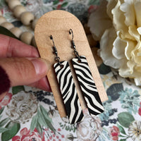 Whitewashed (Ivory) Engraved Wood Bars with Hand Painted Zebra Striping Bar Earrings
