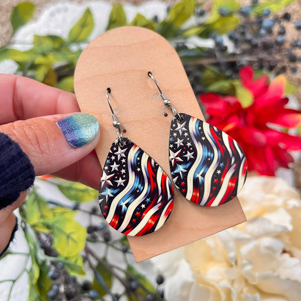 RWB Flag Sub Wood Teardrop Earrings