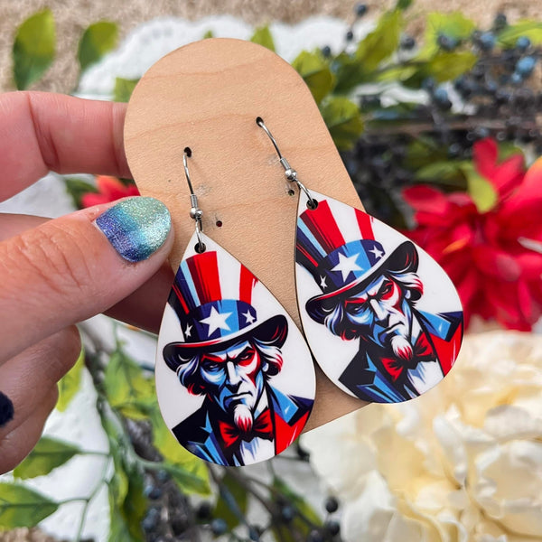 RWB Uncle Sam Sub Wood Teardrop Earrings
