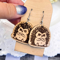 Grumpy Hedgehogs on Maple Wood Earrings