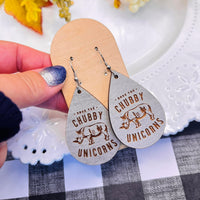 Gray Engraved "Save The Chubby Unicorns" Wood Teardrop Earrings