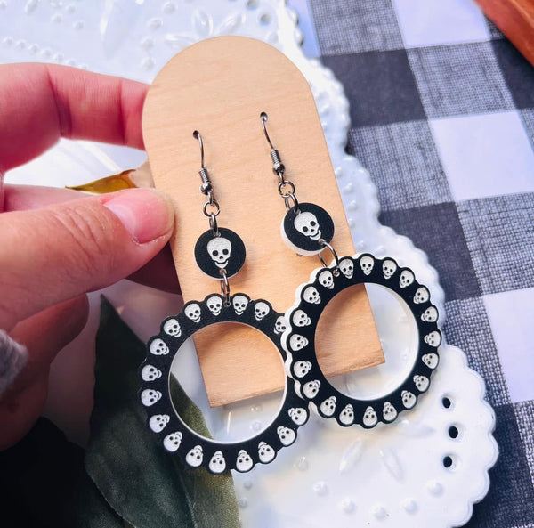 White and Black Engraved Acrylic Skull Hoop Earrings