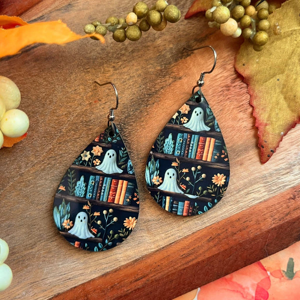 Sub Wood Spooky Bookshelf Teardrop Earrings