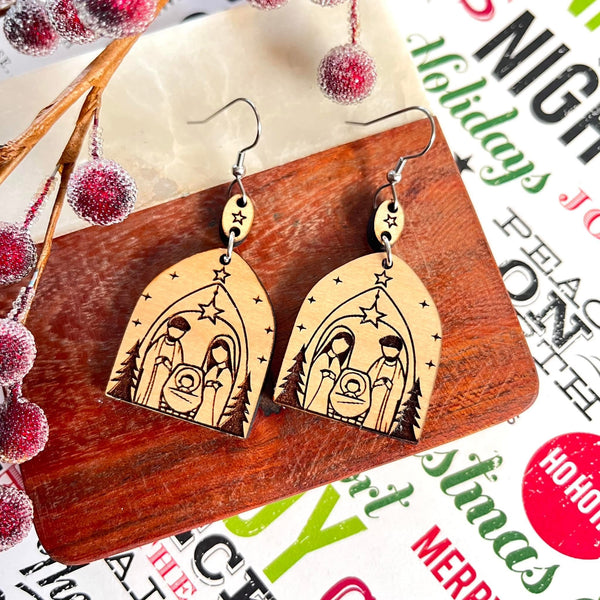 2" Maple Wood Engraved Nativity Dangle Earrings