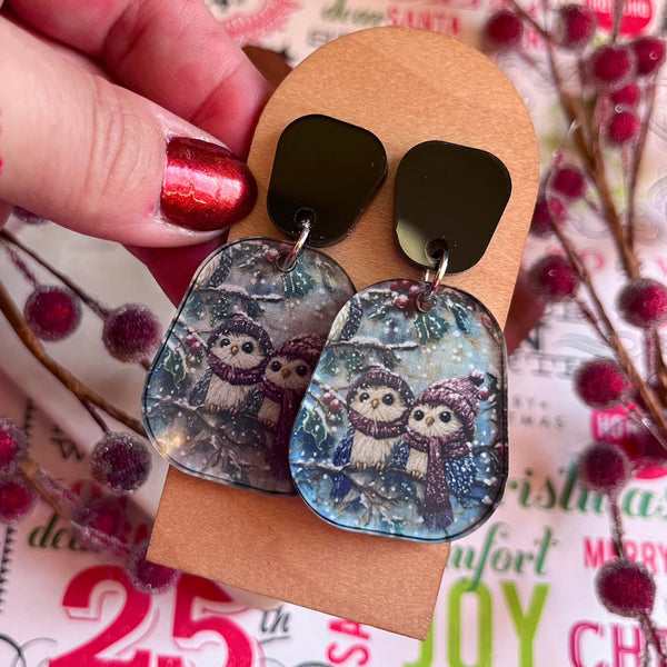 Black and Snowy Owl Acrylic Studded Earrings