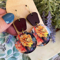 Watercolor Rainbow Floral Acrylic with Plum Wood Earrings