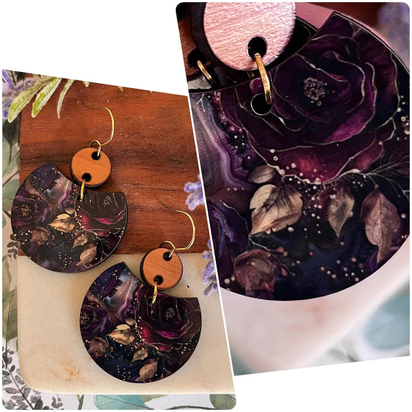 Gold and Merlot Floral Bouquet on Sub Wood with Cherry Wood Earrings