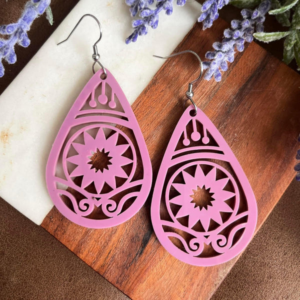 Floral Mauve Acrylic Teardrop Earrings