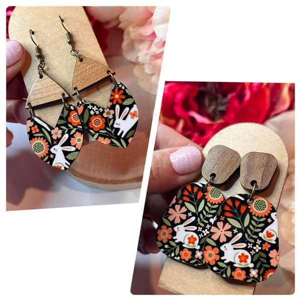 Bunny and Walnut Wood Studded Earrings
