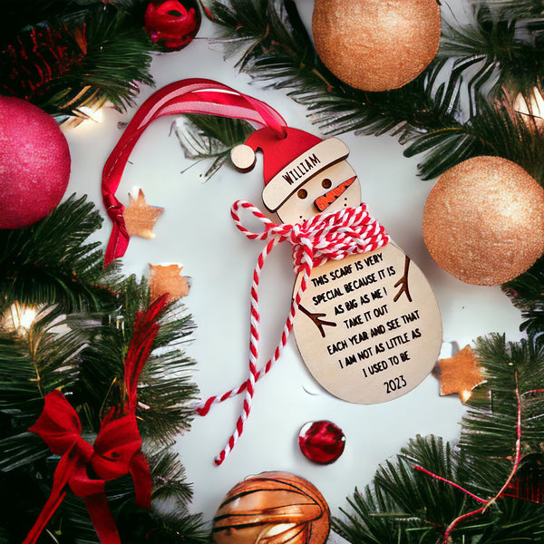 Personalized Name and Height Wood Snowman Ornament