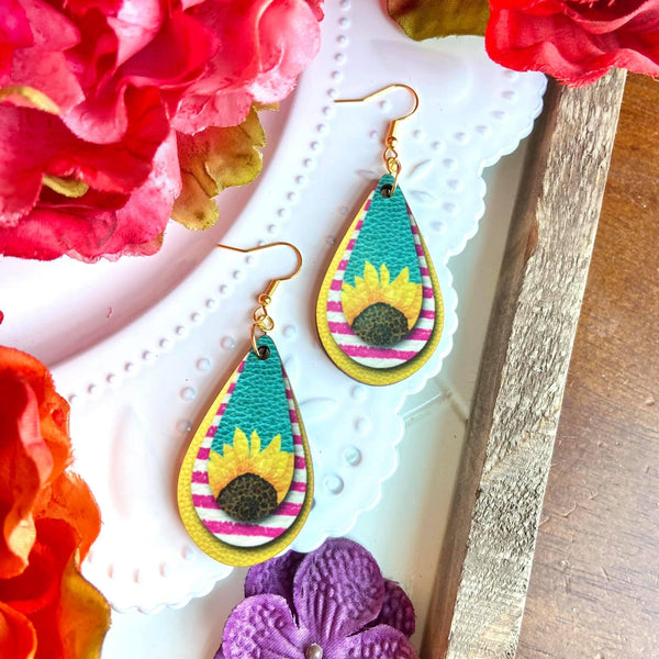 Sunflower Striped Wood Teardrop Earrings