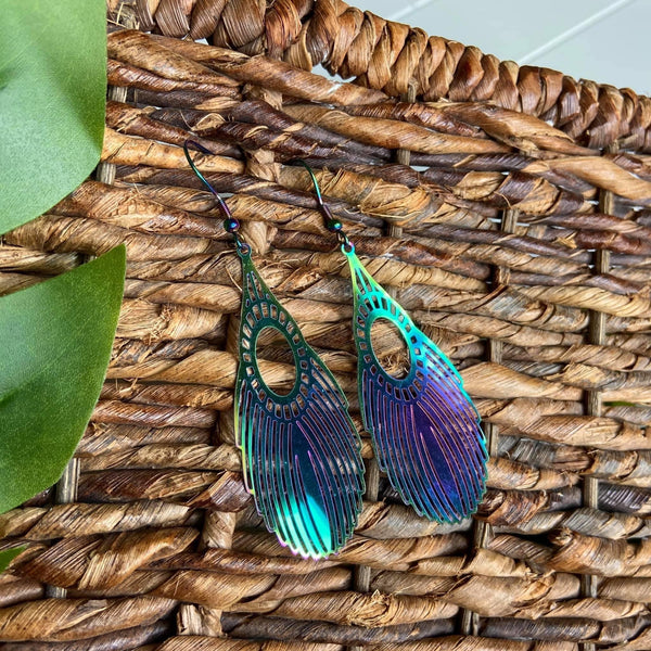 Lightweight Metal Iridescent Feather Earrings