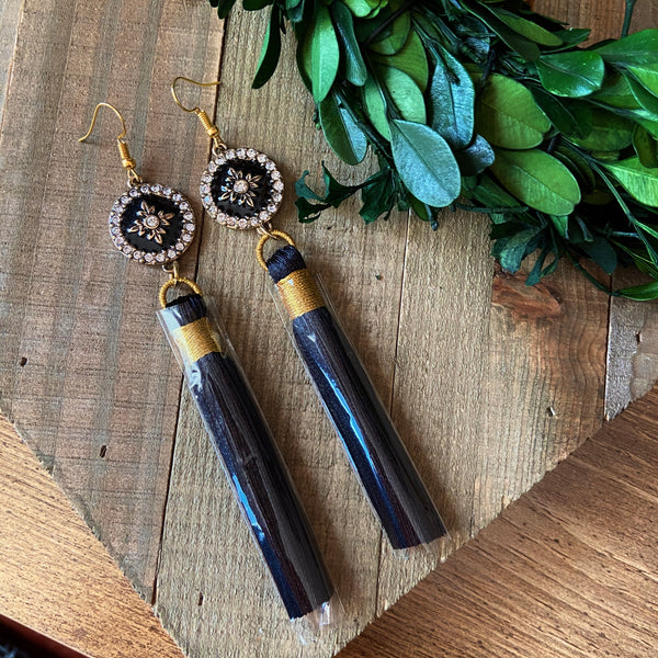 Black and Gold Jeweled Tassel Earrings