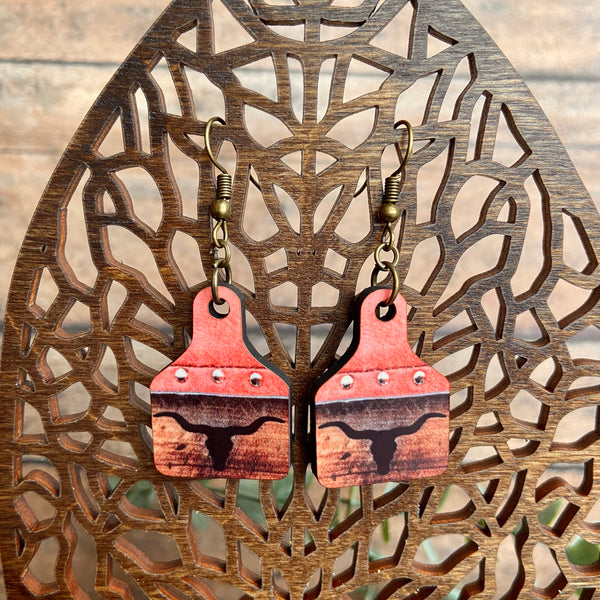 Coral Wood Steer Wood Cow Tag Earrings