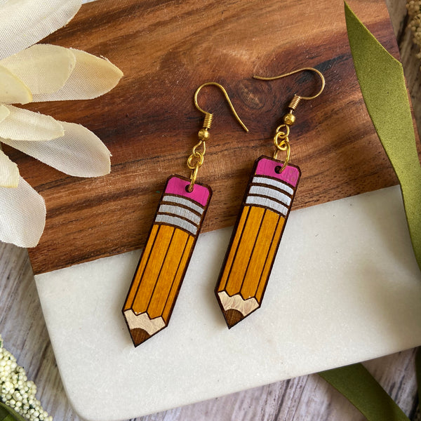 Pencil Dangle Wood Earrings