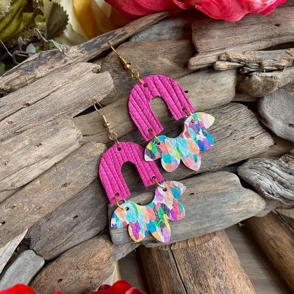 Raspberry and Confetti Leather Earrings
