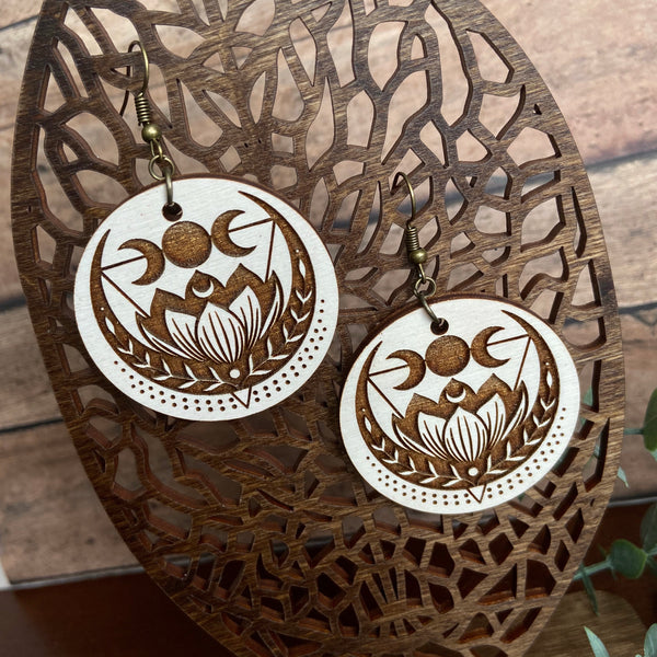 Moon and Lotus Whitewashed Wood Earrings