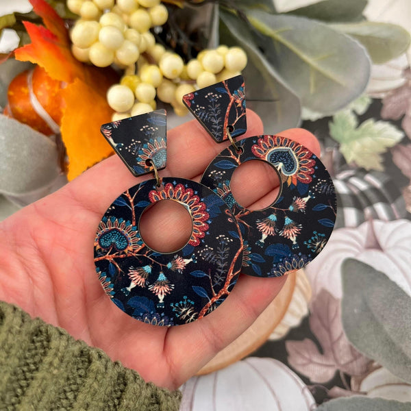 Floral Batik Studded Sub Wood Hoop Earrings