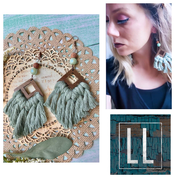 Dusty Blue Walnut Wood Macrame Earrings
