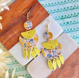 Floral Cork on Leather and Yellow Glitter Complex Dangle Earrings