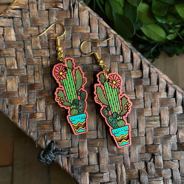 Hand Painted Wood Cactus Earrings