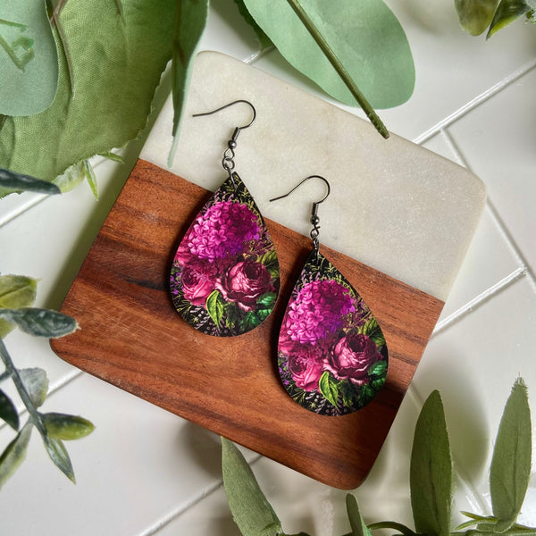 Purple Floral Wood Earrings